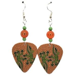 Green Lizards Gecko Reptile on Guitar Pick Beaded Earrings - Handmade in USA